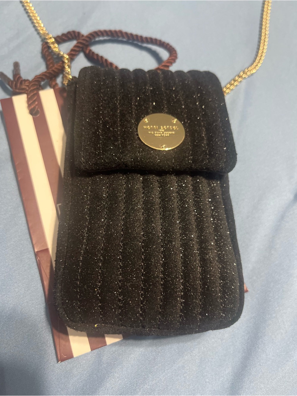 henri bendel Black Glitter Quilted Mini Crossbody with Gold Chain